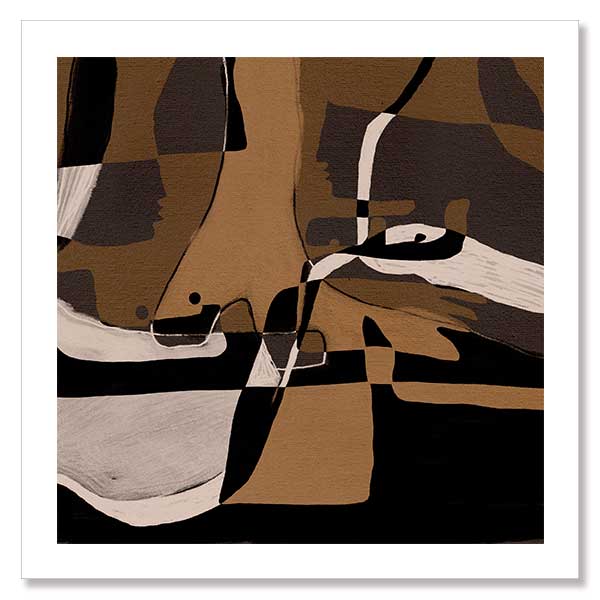 Abstract composition in earthy browns, blacks, and creams with intersecting organic forms and curved lines, from the Shatha collection with Urban Road.