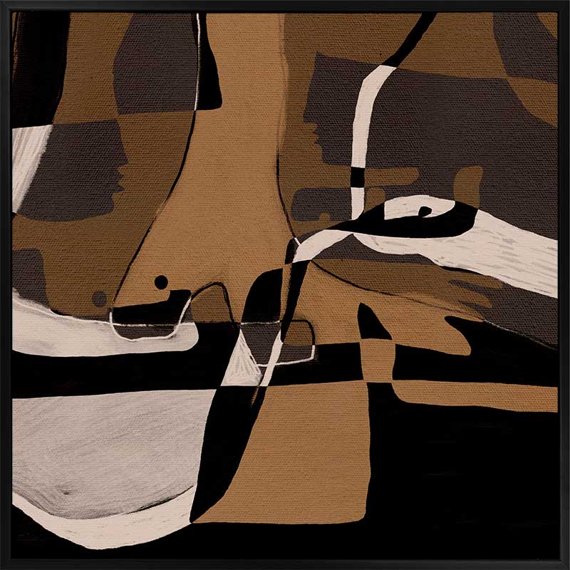 Abstract composition in earthy browns, blacks, and creams with intersecting organic forms and curved lines, from the Shatha collection with Urban Road.