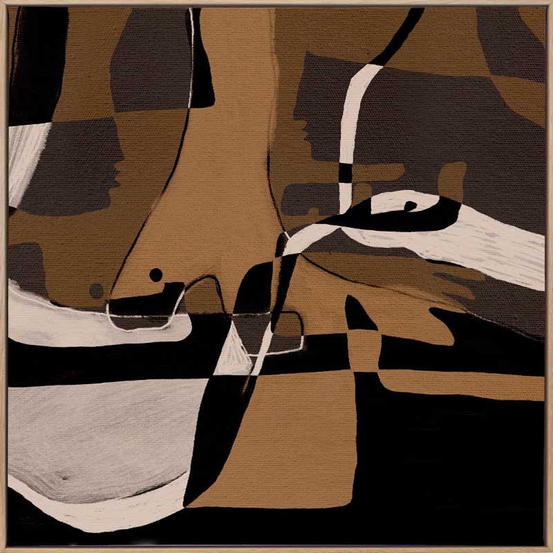 Abstract composition in earthy browns, blacks, and creams with intersecting organic forms and curved lines, from the Shatha collection with Urban Road.