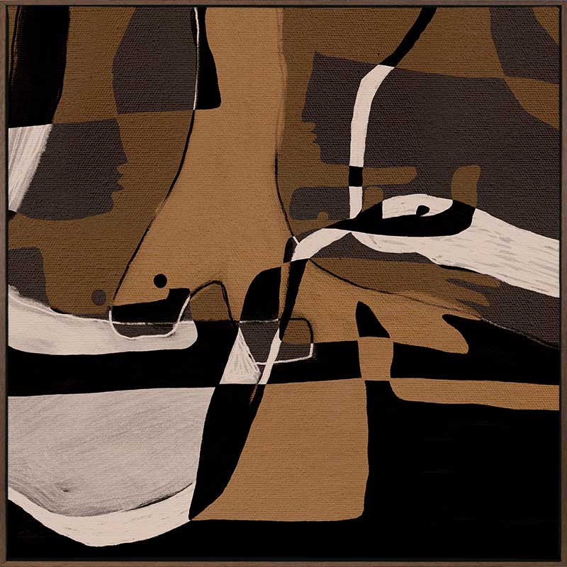 Abstract composition in earthy browns, blacks, and creams with intersecting organic forms and curved lines, from the Shatha collection with Urban Road.