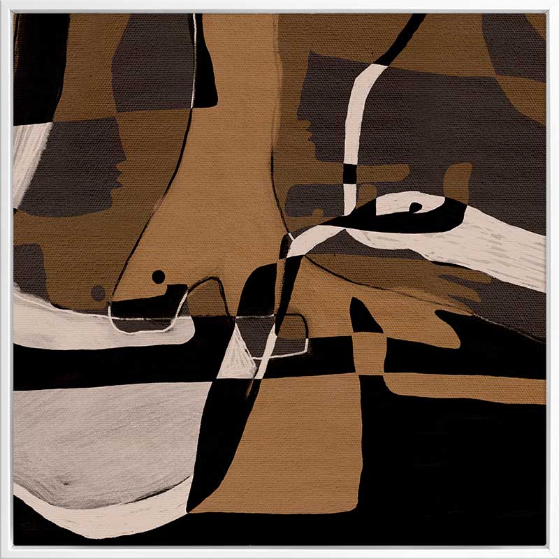 Abstract composition in earthy browns, blacks, and creams with intersecting organic forms and curved lines, from the Shatha collection with Urban Road.