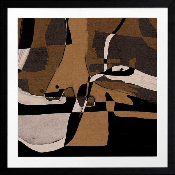 Abstract composition in earthy browns, blacks, and creams with intersecting organic forms and curved lines, from the Shatha collection with Urban Road.