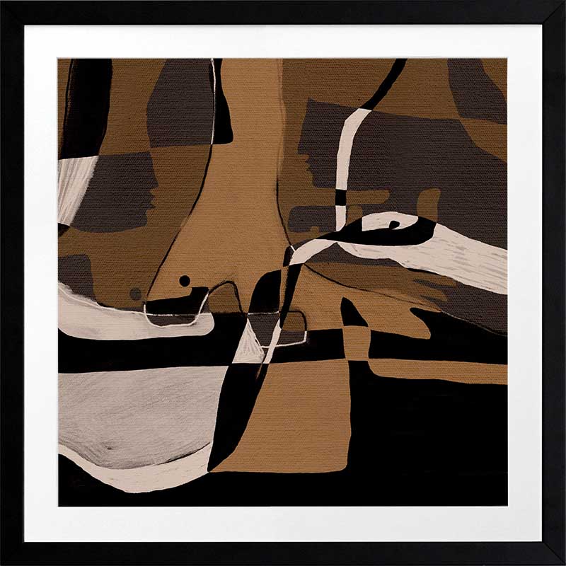 Abstract composition in earthy browns, blacks, and creams with intersecting organic forms and curved lines, from the Shatha collection with Urban Road.