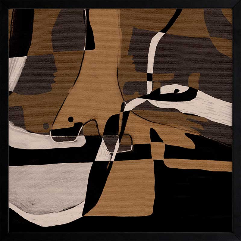 Abstract composition in earthy browns, blacks, and creams with intersecting organic forms and curved lines, from the Shatha collection with Urban Road.