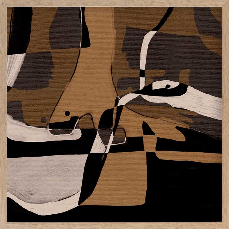 Abstract composition in earthy browns, blacks, and creams with intersecting organic forms and curved lines, from the Shatha collection with Urban Road.