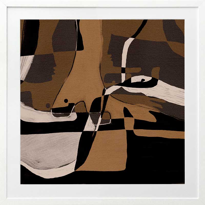 Abstract composition in earthy browns, blacks, and creams with intersecting organic forms and curved lines, from the Shatha collection with Urban Road.