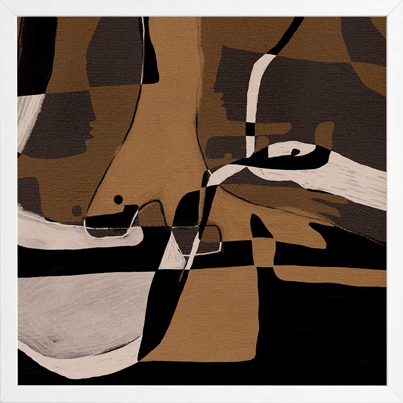 Abstract composition in earthy browns, blacks, and creams with intersecting organic forms and curved lines, from the Shatha collection with Urban Road.