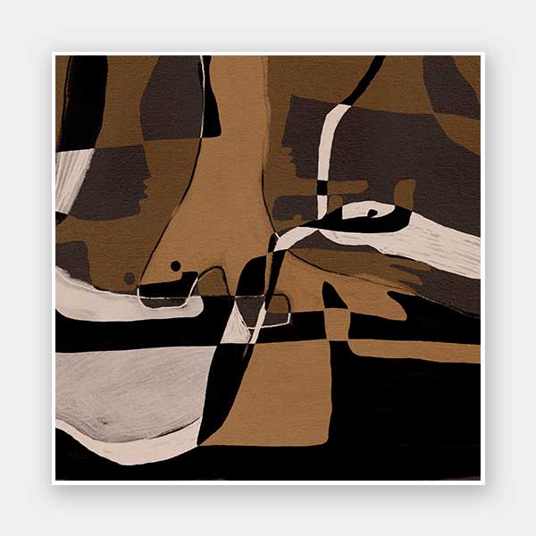 Abstract composition in earthy browns, blacks, and creams with intersecting organic forms and curved lines, from the Shatha collection with Urban Road.