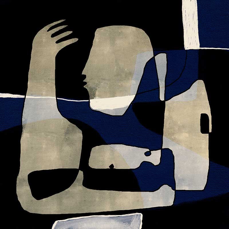 Modern abstract artwork featuring overlapping beige and navy-blue human-like forms with expressive gestures, from the Shatha collection with Urban Road.