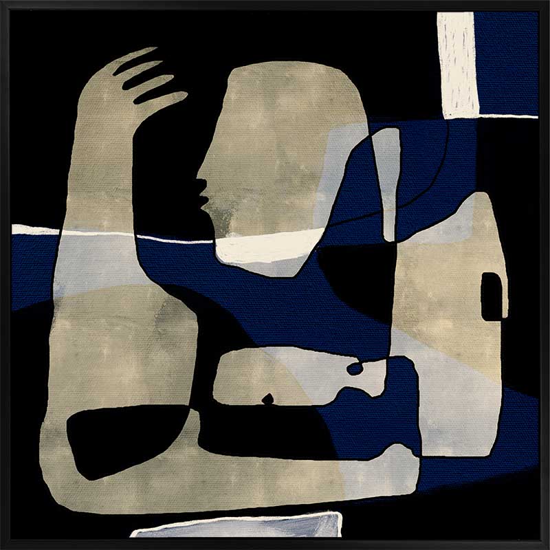 Modern abstract artwork featuring overlapping beige and navy-blue human-like forms with expressive gestures, from the Shatha collection with Urban Road.