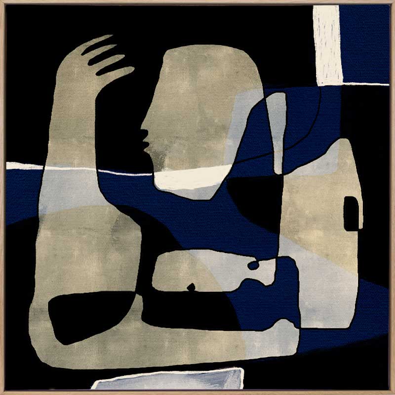 Modern abstract artwork featuring overlapping beige and navy-blue human-like forms with expressive gestures, from the Shatha collection with Urban Road.