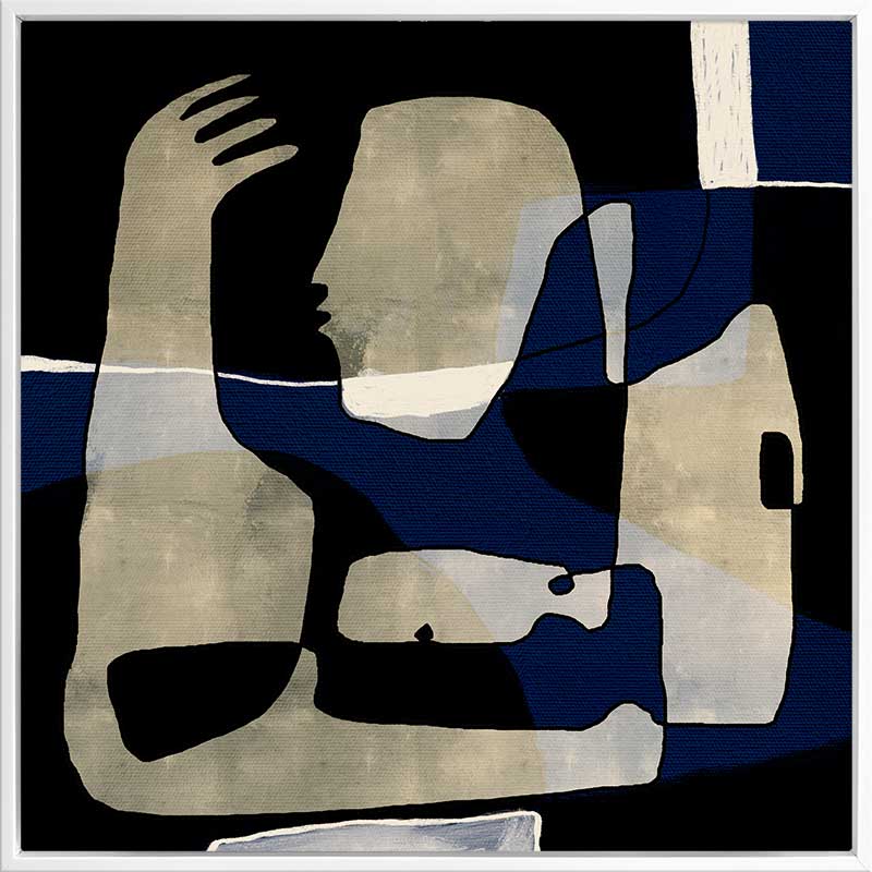 Modern abstract artwork featuring overlapping beige and navy-blue human-like forms with expressive gestures, from the Shatha collection with Urban Road.