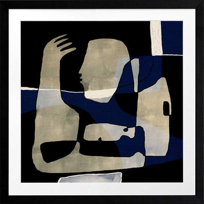 Modern abstract artwork featuring overlapping beige and navy-blue human-like forms with expressive gestures, from the Shatha collection with Urban Road.