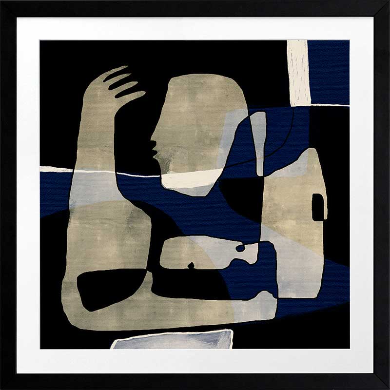 Modern abstract artwork featuring overlapping beige and navy-blue human-like forms with expressive gestures, from the Shatha collection with Urban Road.