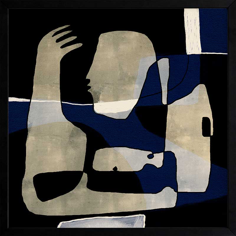 Modern abstract artwork featuring overlapping beige and navy-blue human-like forms with expressive gestures, from the Shatha collection with Urban Road.