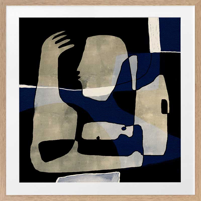 Modern abstract artwork featuring overlapping beige and navy-blue human-like forms with expressive gestures, from the Shatha collection with Urban Road.