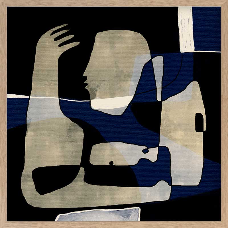 Modern abstract artwork featuring overlapping beige and navy-blue human-like forms with expressive gestures, from the Shatha collection with Urban Road.