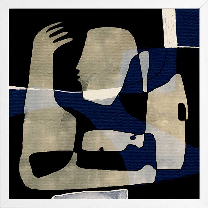 Modern abstract artwork featuring overlapping beige and navy-blue human-like forms with expressive gestures, from the Shatha collection with Urban Road.