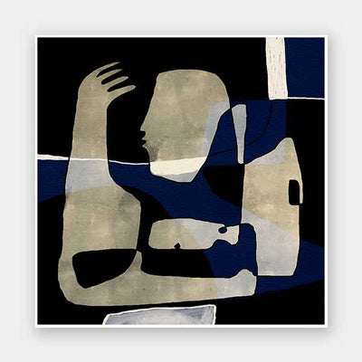 Modern abstract artwork featuring overlapping beige and navy-blue human-like forms with expressive gestures, from the Shatha collection with Urban Road.