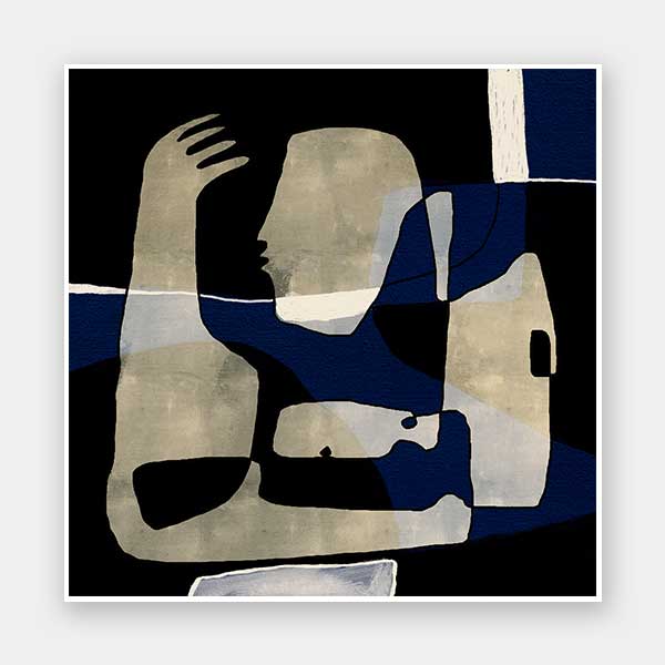 Modern abstract artwork featuring overlapping beige and navy-blue human-like forms with expressive gestures, from the Shatha collection with Urban Road.