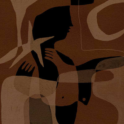 Layered brown and black silhouettes with translucent shapes and abstract hand details, from the Shatha collection with Urban Road.