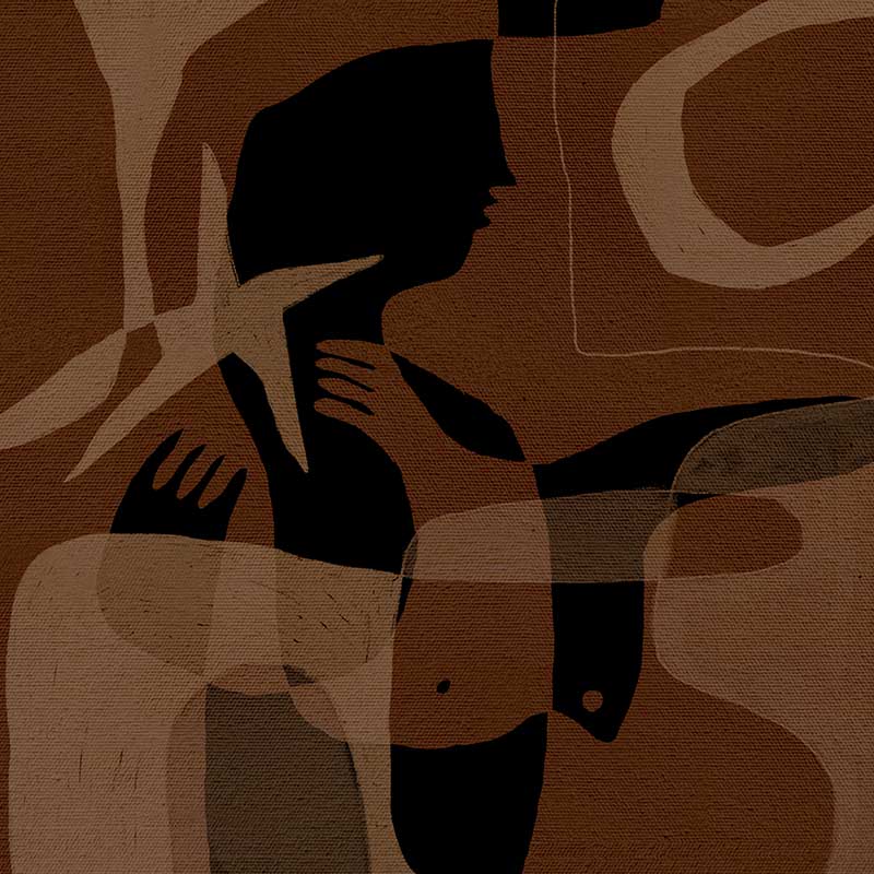 Layered brown and black silhouettes with translucent shapes and abstract hand details, from the Shatha collection with Urban Road.