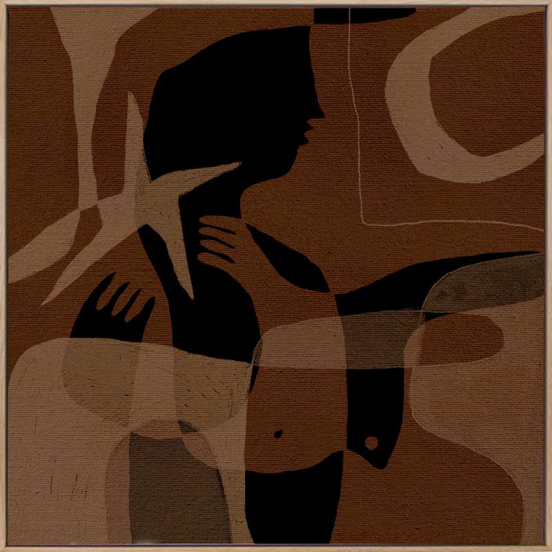 Layered brown and black silhouettes with translucent shapes and abstract hand details, from the Shatha collection with Urban Road.