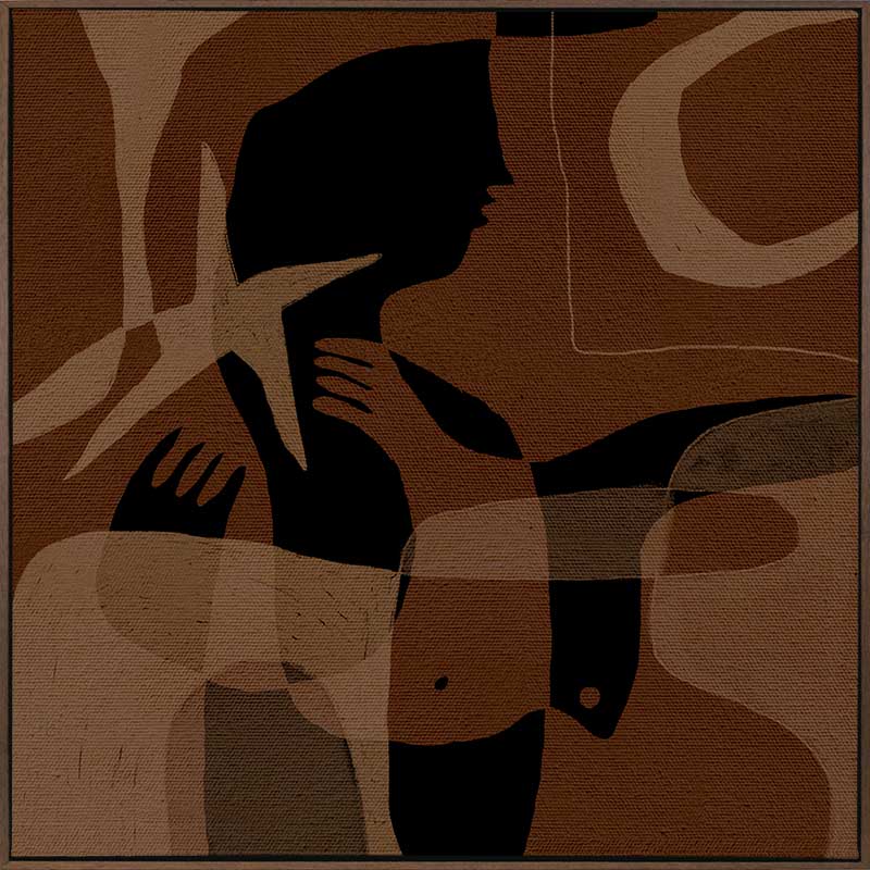 Layered brown and black silhouettes with translucent shapes and abstract hand details, from the Shatha collection with Urban Road.