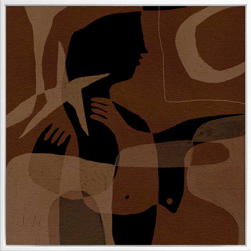 Layered brown and black silhouettes with translucent shapes and abstract hand details, from the Shatha collection with Urban Road.