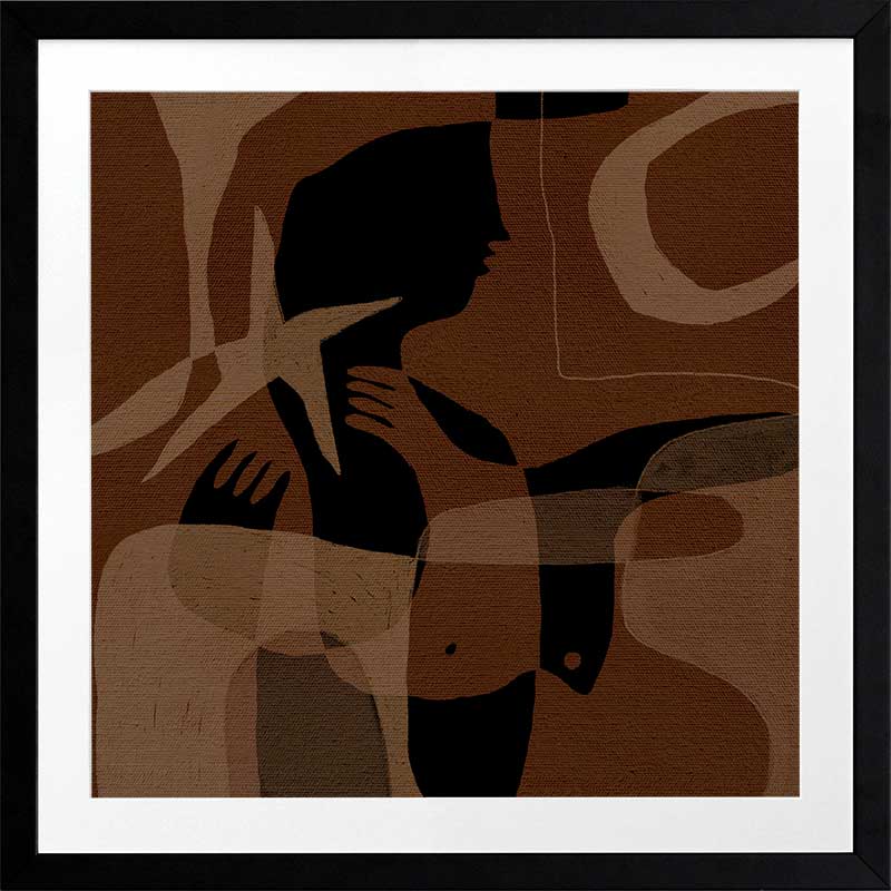 Layered brown and black silhouettes with translucent shapes and abstract hand details, from the Shatha collection with Urban Road.