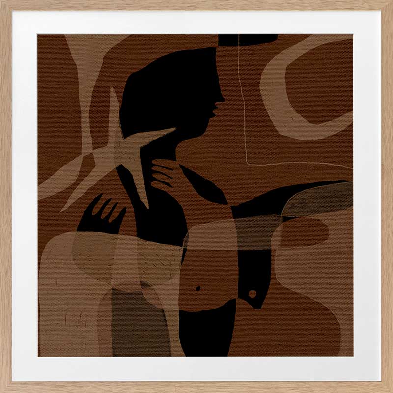 Layered brown and black silhouettes with translucent shapes and abstract hand details, from the Shatha collection with Urban Road.