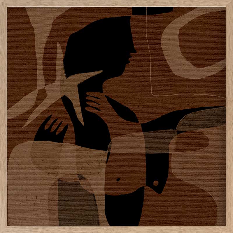 Layered brown and black silhouettes with translucent shapes and abstract hand details, from the Shatha collection with Urban Road.