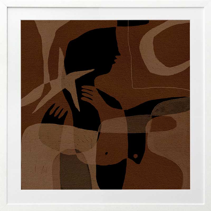 Layered brown and black silhouettes with translucent shapes and abstract hand details, from the Shatha collection with Urban Road.