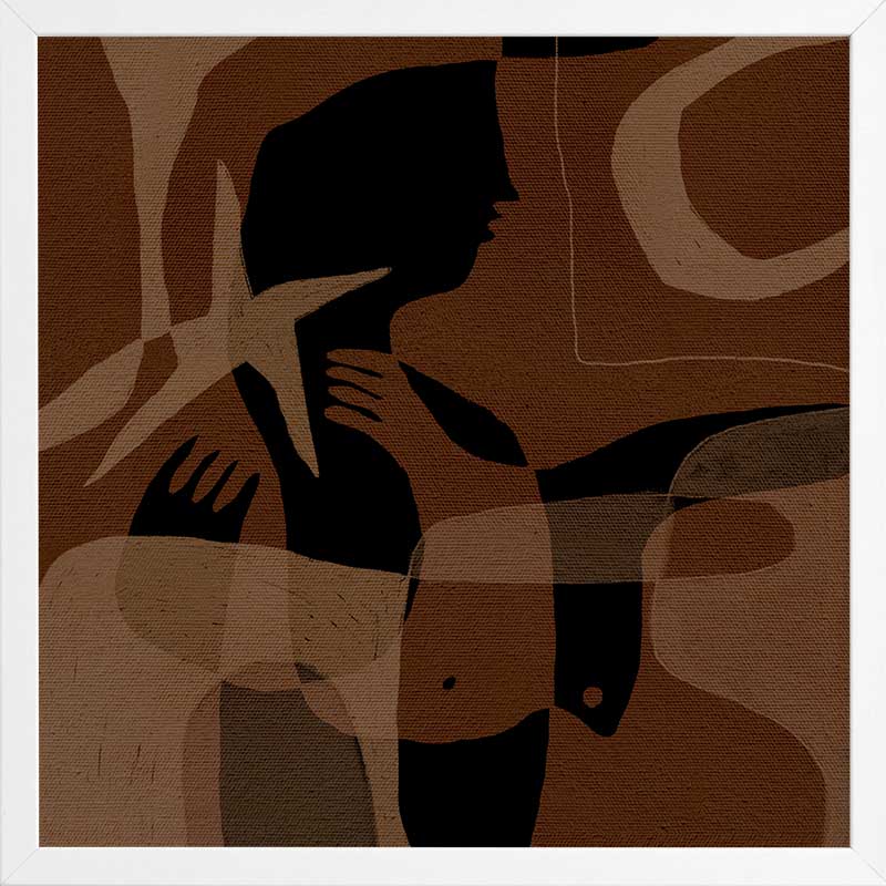 Layered brown and black silhouettes with translucent shapes and abstract hand details, from the Shatha collection with Urban Road.