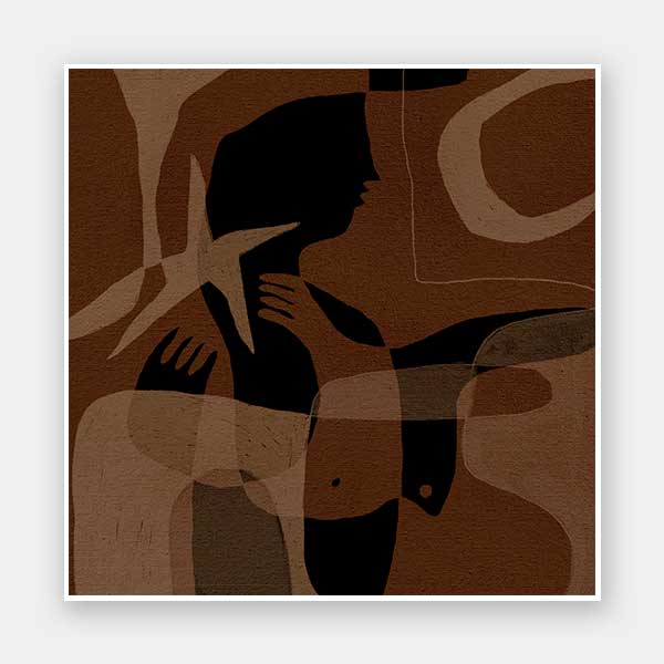 Layered brown and black silhouettes with translucent shapes and abstract hand details, from the Shatha collection with Urban Road.