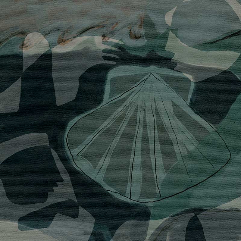 Nautical abstract art with intersecting blue shapes with a seashell as the focal point from the Shatha collection with Urban Road.