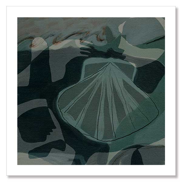 Nautical abstract art with intersecting blue shapes with a seashell as the focal point from the Shatha collection with Urban Road.