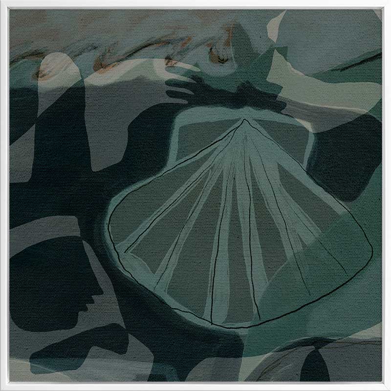 Nautical abstract art with intersecting blue shapes with a seashell as the focal point from the Shatha collection with Urban Road.