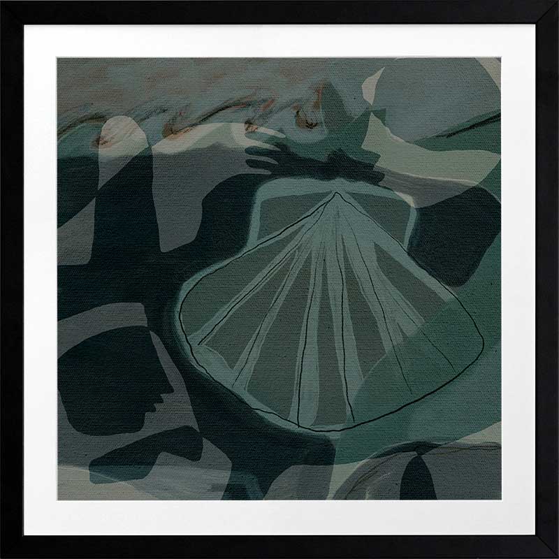 Nautical abstract art with intersecting blue shapes with a seashell as the focal point from the Shatha collection with Urban Road.