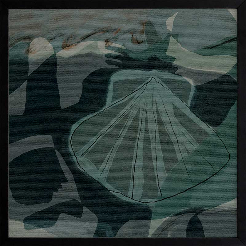 Nautical abstract art with intersecting blue shapes with a seashell as the focal point from the Shatha collection with Urban Road.