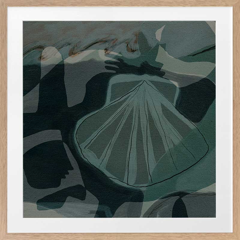 Nautical abstract art with intersecting blue shapes with a seashell as the focal point from the Shatha collection with Urban Road.