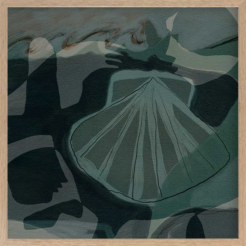 Nautical abstract art with intersecting blue shapes with a seashell as the focal point from the Shatha collection with Urban Road.