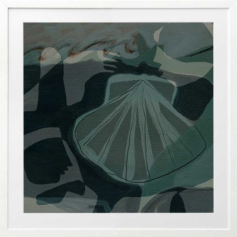 Nautical abstract art with intersecting blue shapes with a seashell as the focal point from the Shatha collection with Urban Road.