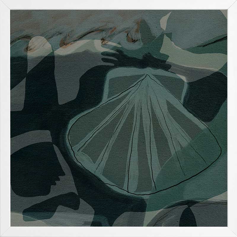 Nautical abstract art with intersecting blue shapes with a seashell as the focal point from the Shatha collection with Urban Road.