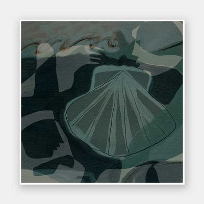 Nautical abstract art with intersecting blue shapes with a seashell as the focal point from the Shatha collection with Urban Road.