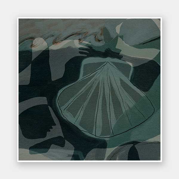 Nautical abstract art with intersecting blue shapes with a seashell as the focal point from the Shatha collection with Urban Road.