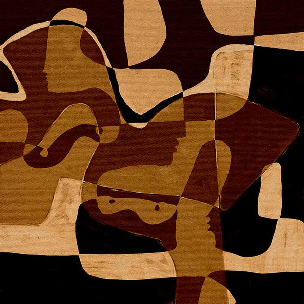 Earth-toned abstract artwork featuring layered organic forms in black, ochre, and beige with subtle linework, from the Shatha collection with Urban Road.