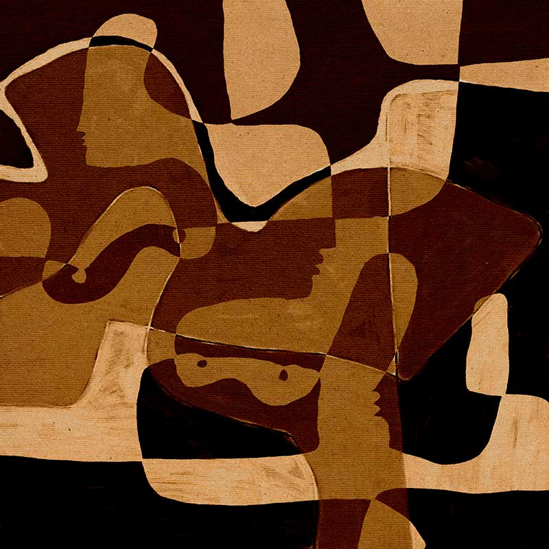 Earth-toned abstract artwork featuring layered organic forms in black, ochre, and beige with subtle linework, from the Shatha collection with Urban Road.