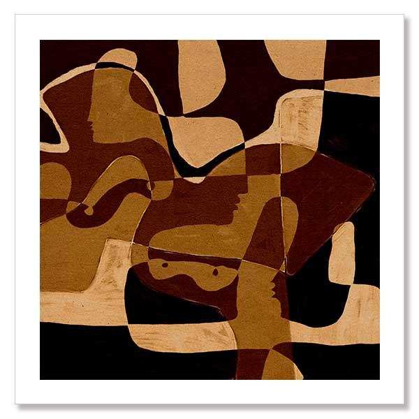 Earth-toned abstract artwork featuring layered organic forms in black, ochre, and beige with subtle linework, from the Shatha collection with Urban Road.