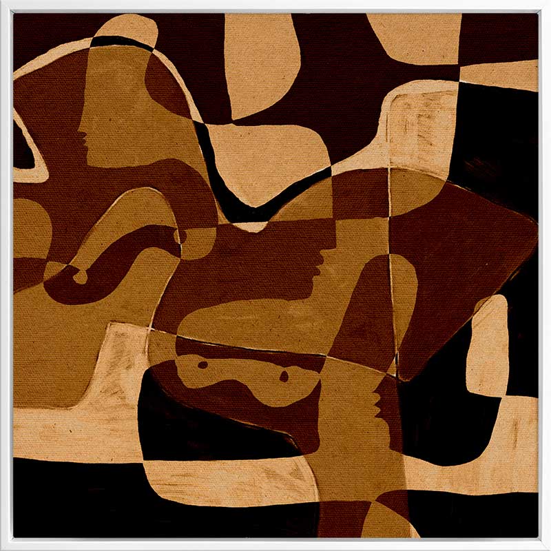 Earth-toned abstract artwork featuring layered organic forms in black, ochre, and beige with subtle linework, from the Shatha collection with Urban Road.